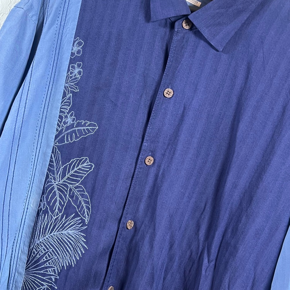 Tommy Bahama Silk Shirt Men XXL Blue Embroidered Color Block Miami Camp Coastal